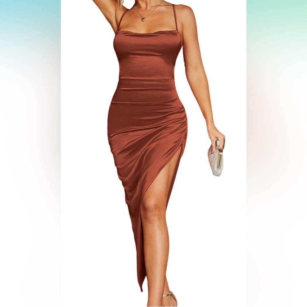 Satin Lace up Backless High Slit Dress Asymmetric